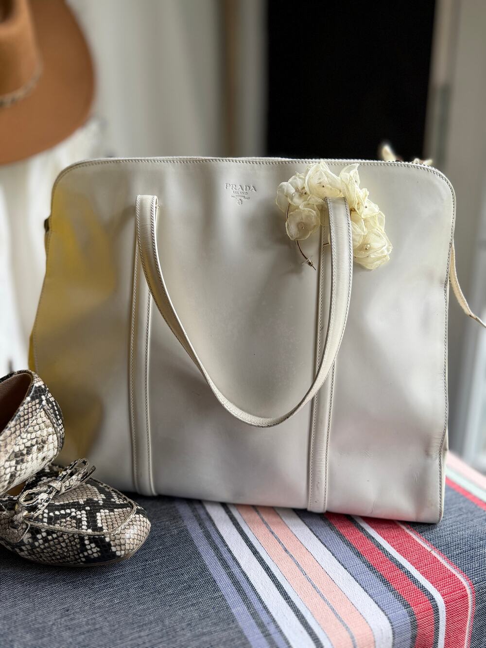 Prada White Nappa Leather Tote Bag | Made in Italy | Zip Top | Minimalist Luxury